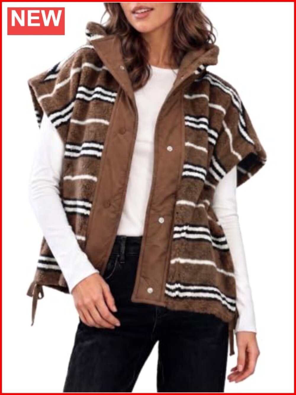 Fuzzy Sherpa Fleece Sleeveless Vest Striped Button Down Casual